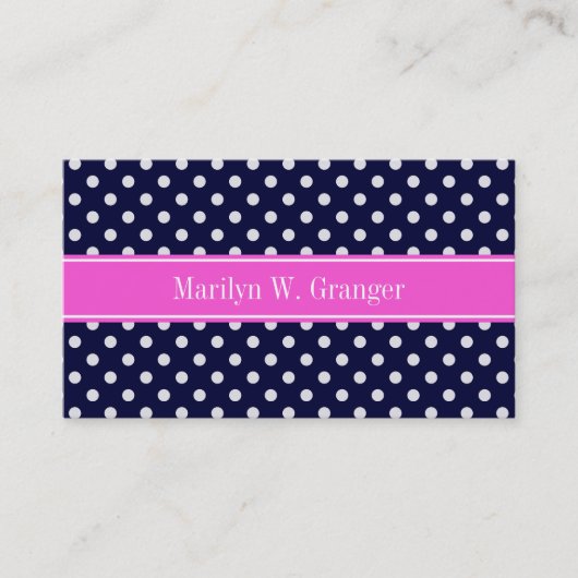 Navy White Polka Dots Hot Pink Ribbon Monogram Visitekaartje (Voorkant)
