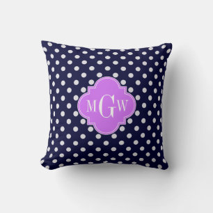 Navy White Polka Dots Lila Quatrefoil 3 Monogram Kussen