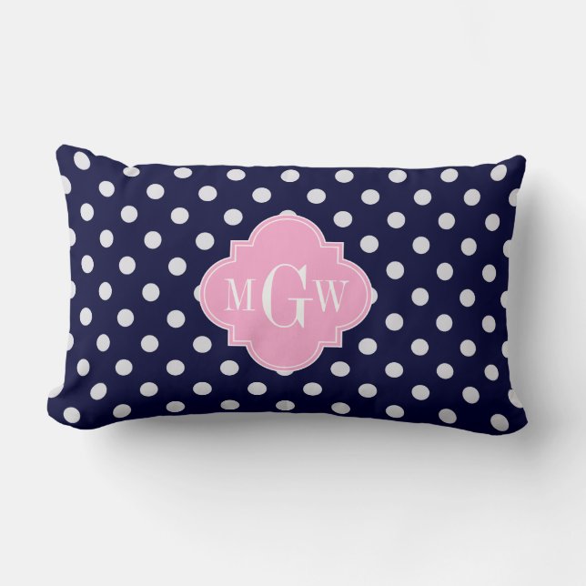 Navy White Polka Dots roze Quatrefoil 3 Monogram Kussen (Voorkant)
