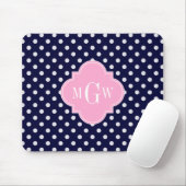Navy White Polka Dots roze Quatrefoil 3 Monogram Muismat (Met muis)