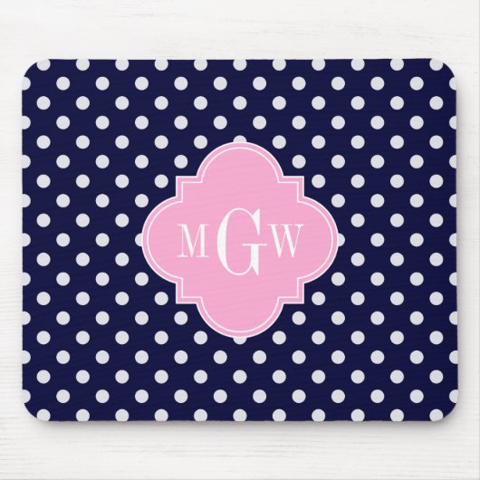 Navy White Polka Dots roze Quatrefoil 3 Monogram Muismat (Voorkant)