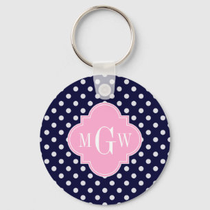 Navy White Polka Dots roze Quatrefoil 3 Monogram Sleutelhanger