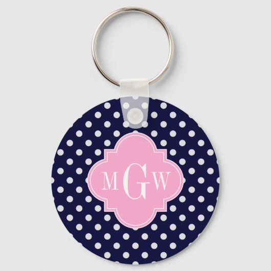 Navy White Polka Dots roze Quatrefoil 3 Monogram Sleutelhanger (Voorkant)