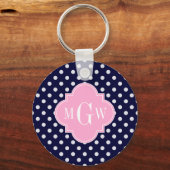 Navy White Polka Dots roze Quatrefoil 3 Monogram Sleutelhanger (Voorkant)