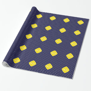 Navy White Polka Dots Yellow Quatrefoil 3 Monogram Cadeaupapier