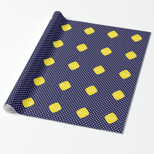 Navy White Polka Dots Yellow Quatrefoil 3 Monogram Cadeaupapier (Uitgerold)