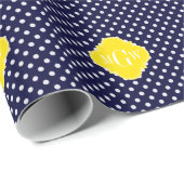 Navy White Polka Dots Yellow Quatrefoil 3 Monogram Cadeaupapier (Rol Hoek)