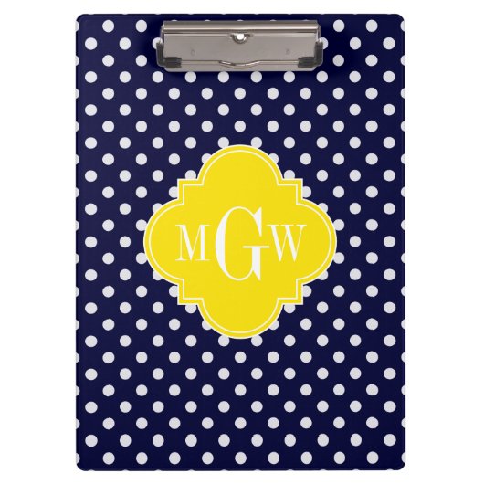 Navy White Polka Dots Yellow Quatrefoil 3 Monogram Klembord (Voorkant)