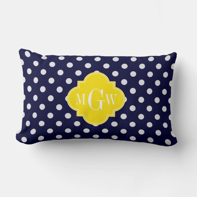 Navy White Polka Dots Yellow Quatrefoil 3 Monogram Kussen (Voorkant)