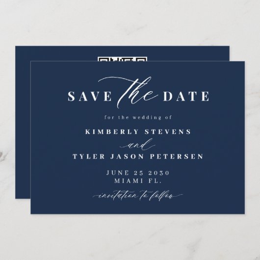 Navy white QR code simple elegant wedding  Save The Date (Voorkant / Achterkant)