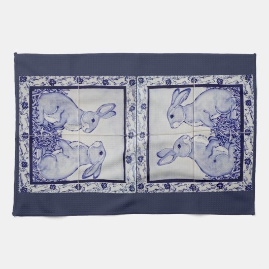 Navy White Rabbit Tile Kitchen Towel Dedham Blue Theedoek (Horizontaal)