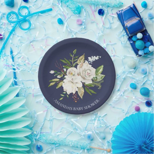 Navy & White Rose Flowers Shower 7-inch Bord (Feest)