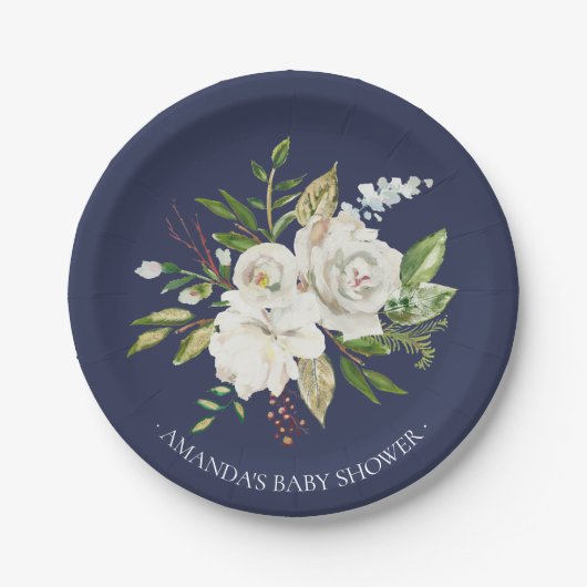 Navy & White Rose Flowers Shower 7-inch Bord (Voorkant)