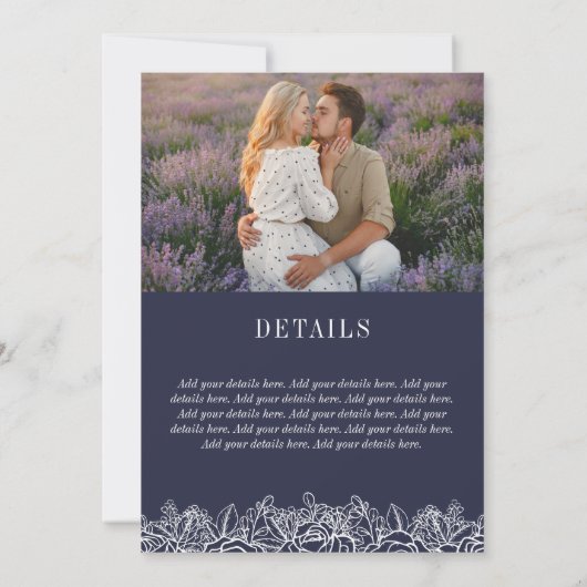 Navy White Rose schetst 2 op 1 foto-bruiloft Kaart (Achterkant)