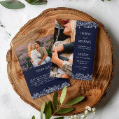 Navy White Rose schetst 2 op 1 foto-bruiloft Kaart