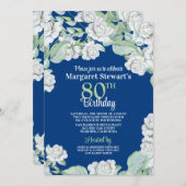  Navy White Roses 80e verjaardagsuitnodiging Kaart (Voorkant / Achterkant)