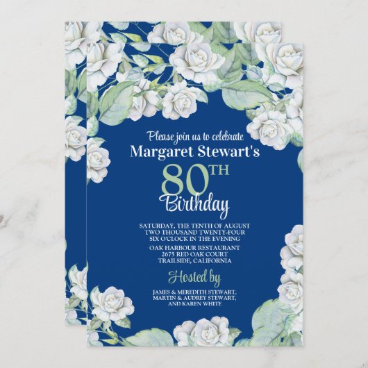  Navy White Roses 80e verjaardagsuitnodiging Kaart (Voorkant / Achterkant)