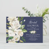 Navy White Roses Bloemen Bruidsdouche Uitnodiginge Kaart (Staand voorkant)