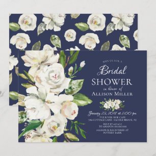 Navy White Roses Bloemen Bruidsdouche Uitnodiginge Kaart