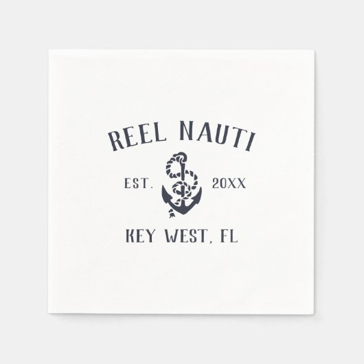 Navy & White Rustic Anchor Logo Bootnaam Servet (Voorkant)