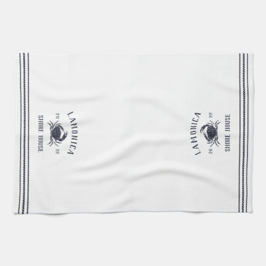 Navy & White Rustic Crab Personalized Shore House Theedoek (Horizontaal)