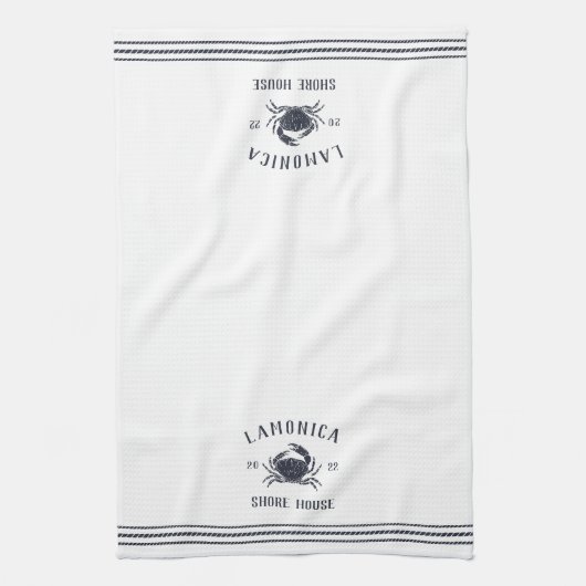 Navy & White Rustic Crab Personalized Shore House Theedoek (Verticaal)