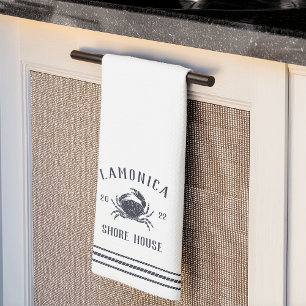 Navy & White Rustic Crab Personalized Shore House Theedoek