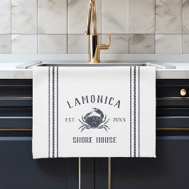 Navy & White Rustic Crab Personalized Shore House Theedoek