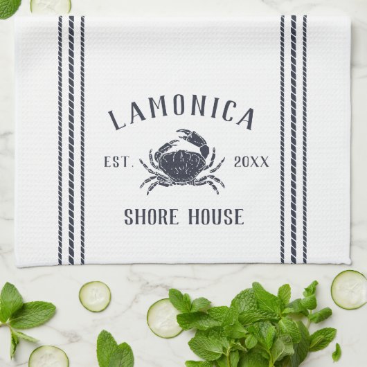 Navy & White Rustic Crab Personalized Shore House Theedoek (Gevouwen)