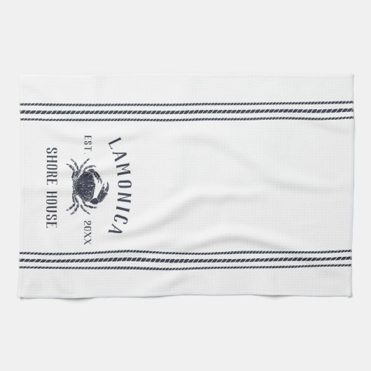 Navy & White Rustic Crab Personalized Shore House Theedoek (Horizontaal)
