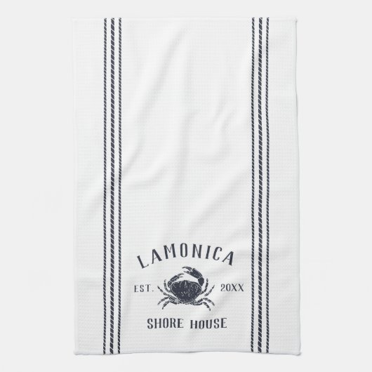 Navy & White Rustic Crab Personalized Shore House Theedoek (Verticaal)
