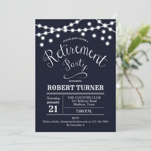 Navy White Rustic Uitnodiging van het Pensioenfees (Staand voorkant)