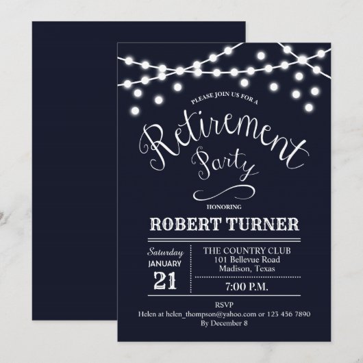 Navy White Rustic Uitnodiging van het Pensioenfees (Voorkant / Achterkant)