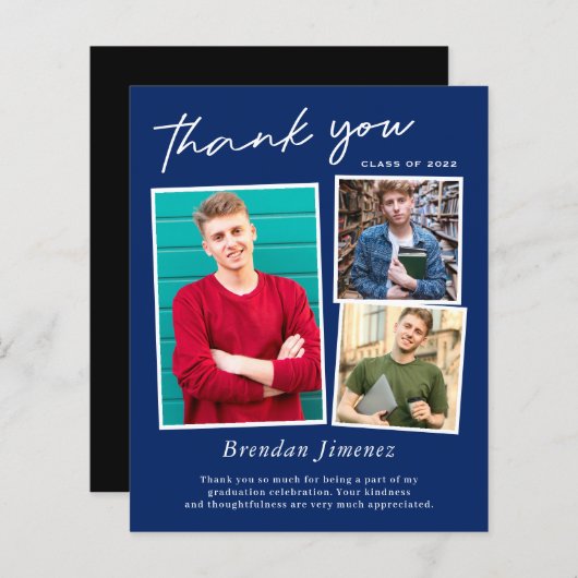 Navy White Script 3 Foto Afstuderen Bedankt (Voorkant / Achterkant)
