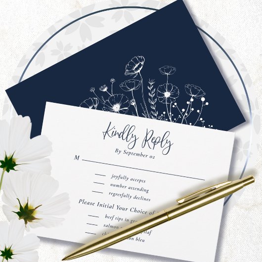 Navy White Script Typografie Menu Keuze RSVP