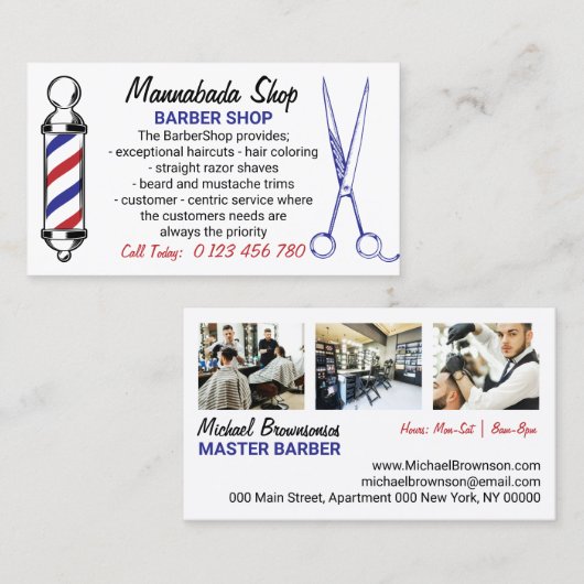 Navy White Simple Barber Pole-schaar, aangepaste f Visitekaartje (Voorkant / Achterkant)
