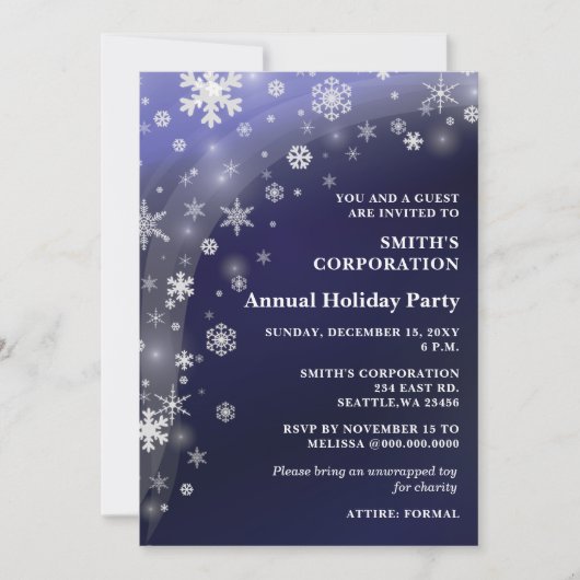 Navy White Snowflakes Corporate Holiday Party Kaart (Voorkant)
