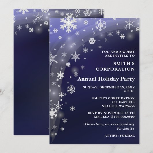 Navy White Snowflakes Corporate Holiday Party Kaart (Voorkant / Achterkant)