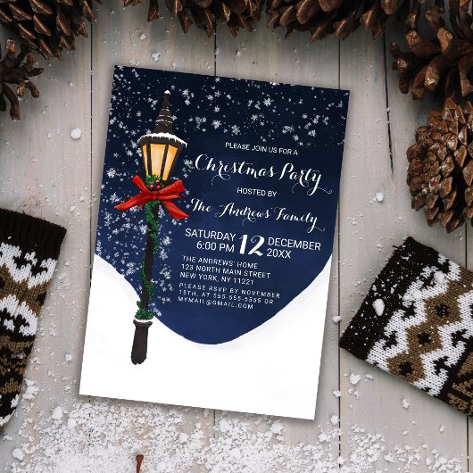 Navy White Snowy Lamppost Garland Bow Kerstmis Kaart
