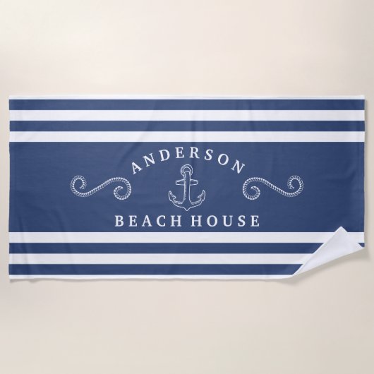 Navy & White, speciaal aangepast Nautical Beach Ho Strandlaken (Voorkant)