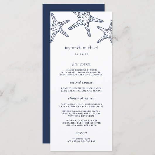 Navy & White Starfish Wedding Menu Kaart (Voorkant / Achterkant)