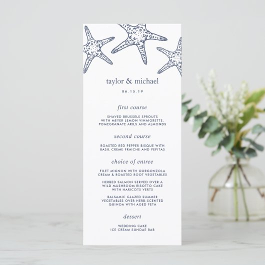 Navy & White Starfish Wedding Menu Kaart (Staand voorkant)