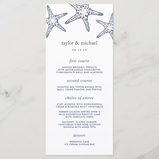 Navy & White Starfish Wedding Menu Kaart (Voorkant)