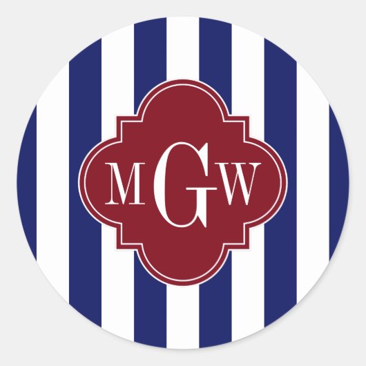 Navy White Stripe Burgundy Quatrefoil 3 Monogram Ronde Sticker (Voorkant)