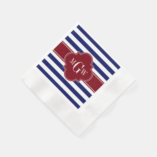 Navy White Stripe Burgundy Quatrefoil 3 Monogram Servet (Hoek)