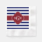 Navy White Stripe Burgundy Quatrefoil 3 Monogram Servet (Voorkant)