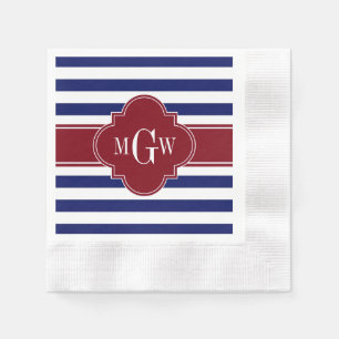Navy White Stripe Burgundy Quatrefoil 3 Monogram Servet