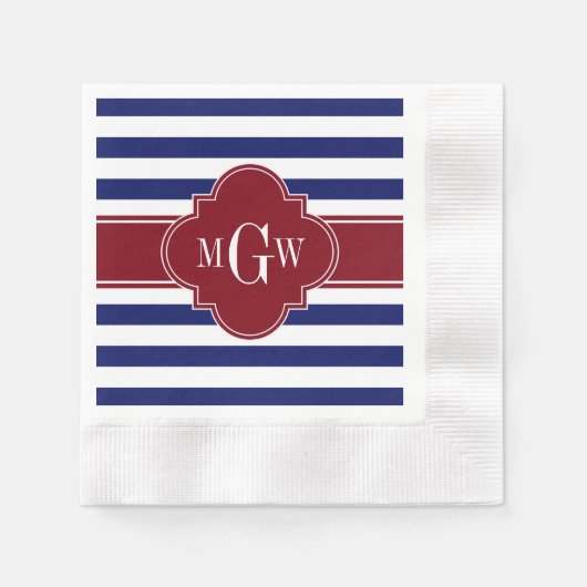 Navy White Stripe Burgundy Quatrefoil 3 Monogram Servet (Voorkant)