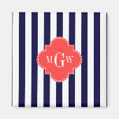 Navy White Stripe Coral Red Quatrefoil 3 Monogram Magneet (Voorkant)