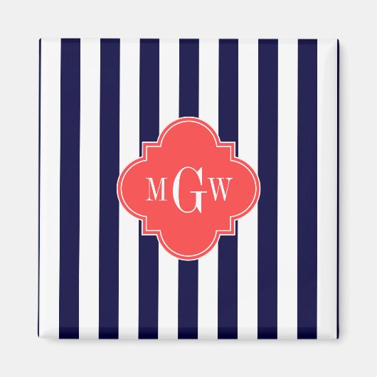 Navy White Stripe Coral Red Quatrefoil 3 Monogram Magneet (Voorkant)